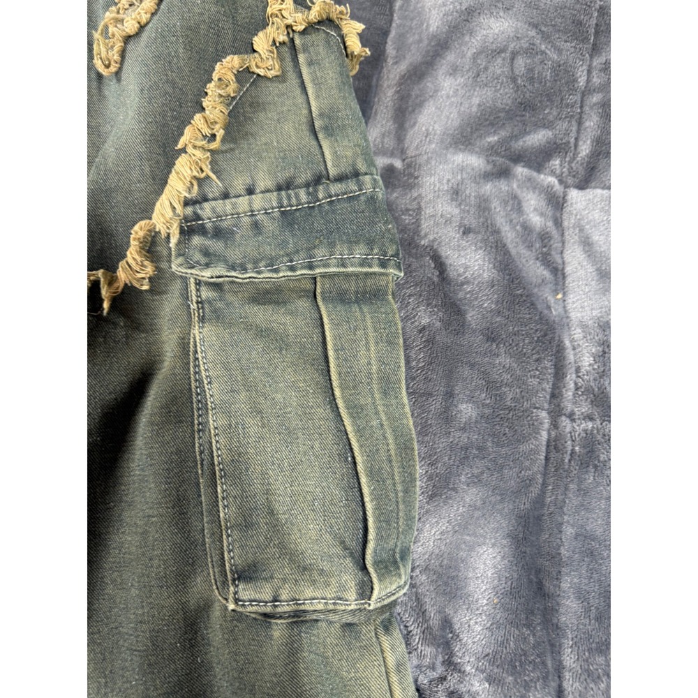Romwe XS‎ Distressed Fringe Jeans Blue Denim Cargo Pockets Grungecore - Picture 2 of 12